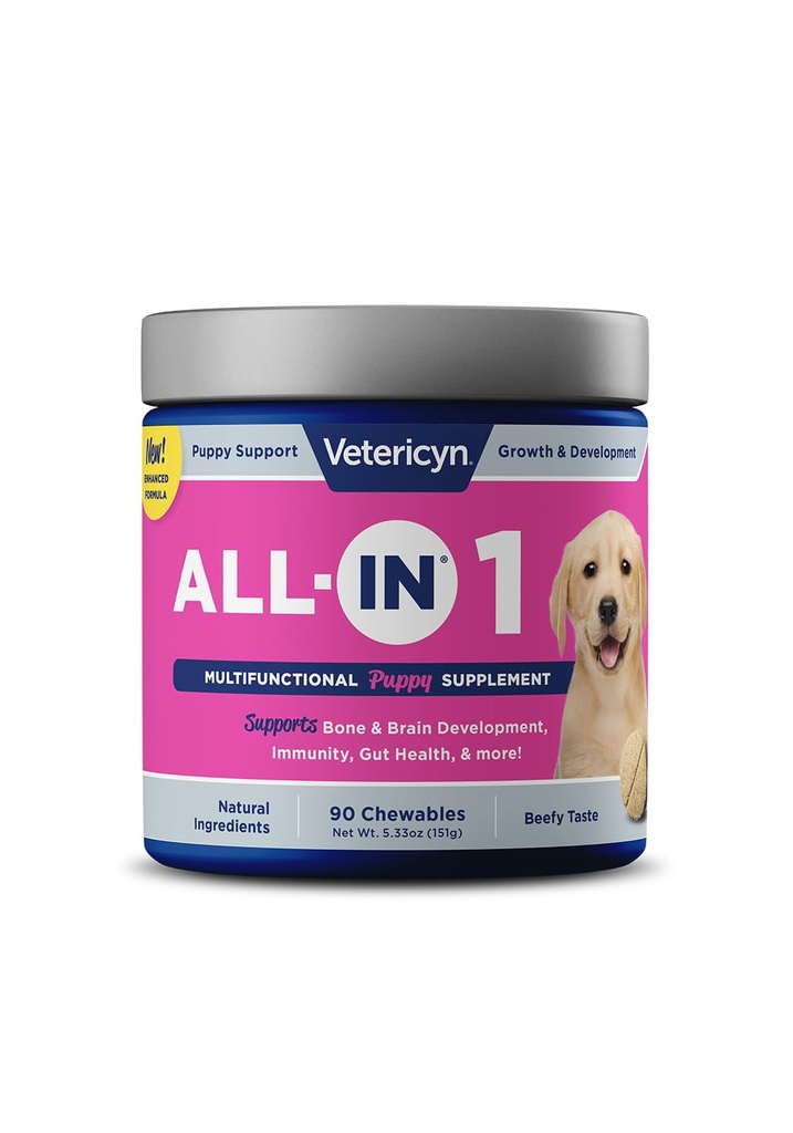 Vetericyn All-in 1 Multifonctional Puppy Supplement Enzymes digestifs + Immune antioxydante Support pour chiots + vitamines, minéraux, prébiotiques, probiotiques et omégas. 90 Compte