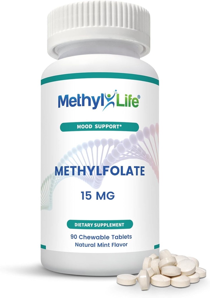 Methyl-Life® L-Methylfolate 15 mg pour les femmes et les hommes – Supplément de folate actif avec ultrapure Cerebrofolate® (L-5-MTHF Calcium) – Haute biodisponibilité B9 Support – Comprimés croustillants savoureux