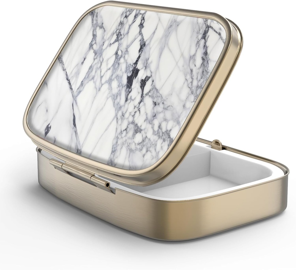 Pill Case Pill Box with Mirror Retro 2 Compartment Small Pill Case for Purse or Pocket Bronze Rectangular Pill Box or Vitamins, Fish Oil, Supplements, Pill Containe Travel Gifts（White Marble）