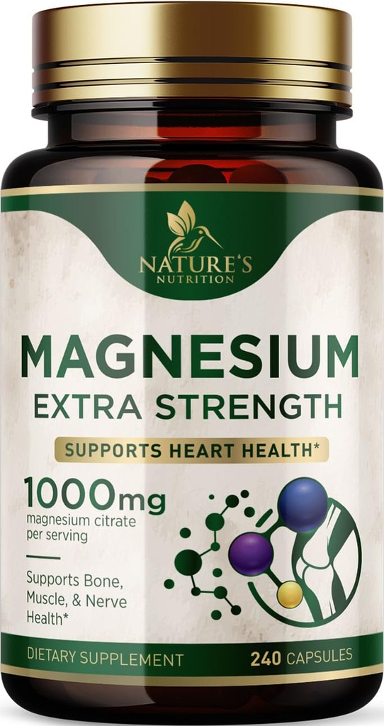 Supplément minéral de magnésium 1000 mg - Citrate de magnésium de haute puissance pour os, santé cardiaque, soutien des nerfs et des muscles, complexe de magnésium de la nature pour soutien du corps entier, embouteillé aux États-Unis - 240 capsules