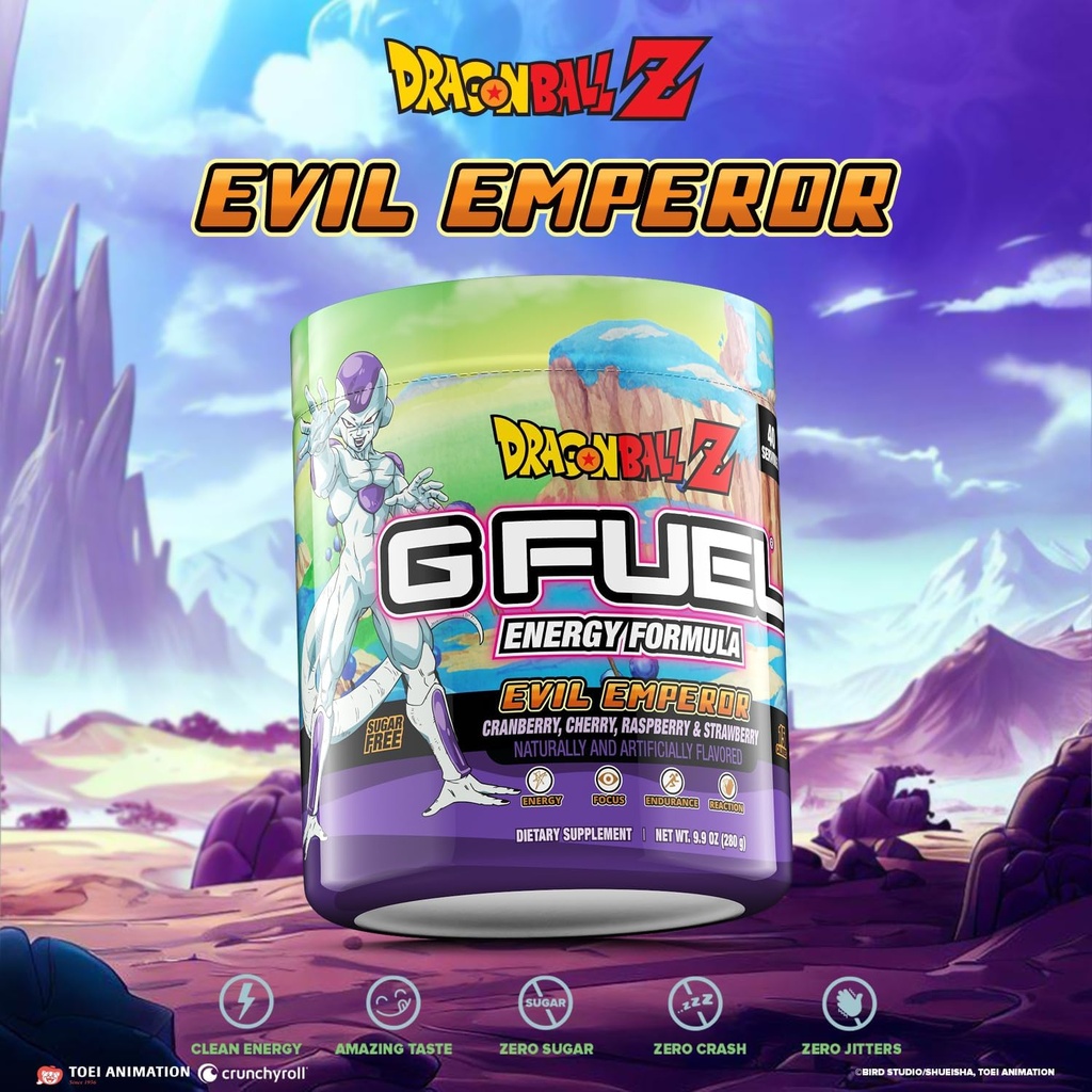 G Carburant Dragon Ball Z Energy Drink Poudre, Pré-entraînement Mélange de caféine pour le jeu, sucre sans accent Amino, Vitamine + Antioxydants, 9.9oz (Berry Medley, 40 portions)