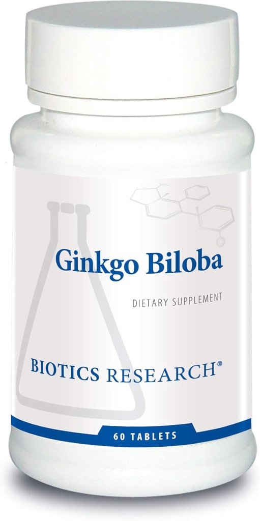 Recherche en biotique Ginkgo Biloba Standardisé 24 % Ginkgo Biloba Extract, Supplément Cerveau, Nootropic, Focus, Énergie, Mémoire, Vieillissement en santé. 60 comprimés