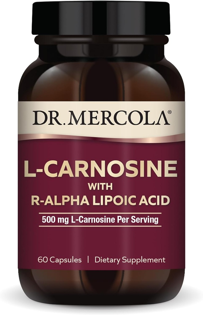 Dr Mercola L-Carnosine avec supplément alimentaire R-ALA, 500 mg L-Carnosine par portion, 30 portions (60 capsules), non OGM, sans gluten, sans soja