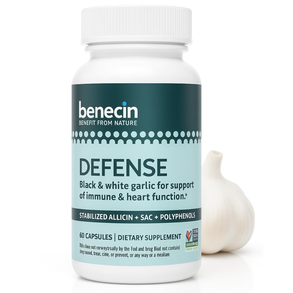 Benecin Defense 1500 mcg Allicine stabilisée par capsule , plus de quantités élevées de SAC et de polyphénols de l'ail noir , Support puissant de la fonction immunitaire et cardiaque Caps végétariens (1 comte (paquet de 60))