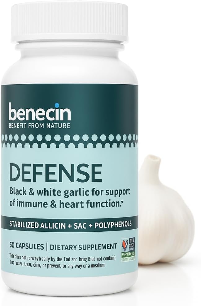 Benecin Defense 1500 mcg Allicine stabilisée par capsule , plus de quantités élevées de SAC et de polyphénols de l'ail noir , Support puissant de la fonction immunitaire et cardiaque Caps végétariens (1 comte (paquet de 60))