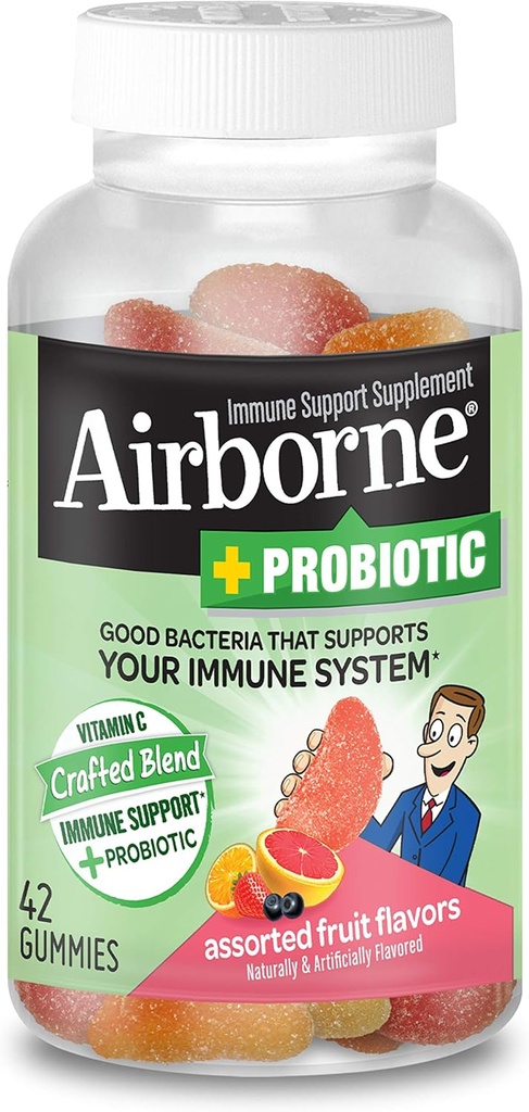 Gummies probiotiques Airborne Plus, 42 au nombre - 1000mg de vitamine C - Supplément de soutien immunitaire