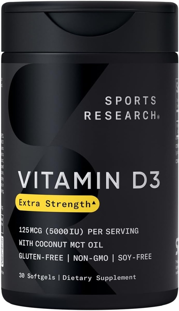 Recherche sportive Vitamine D3 5000 UI avec l'huile de noix de coco MCT - Supplément de vitamine D à haute puissance pour le soutien immunitaire et os - sans OGM, sans gluten et sans soja – 125 mcg, 30 softgels liquides