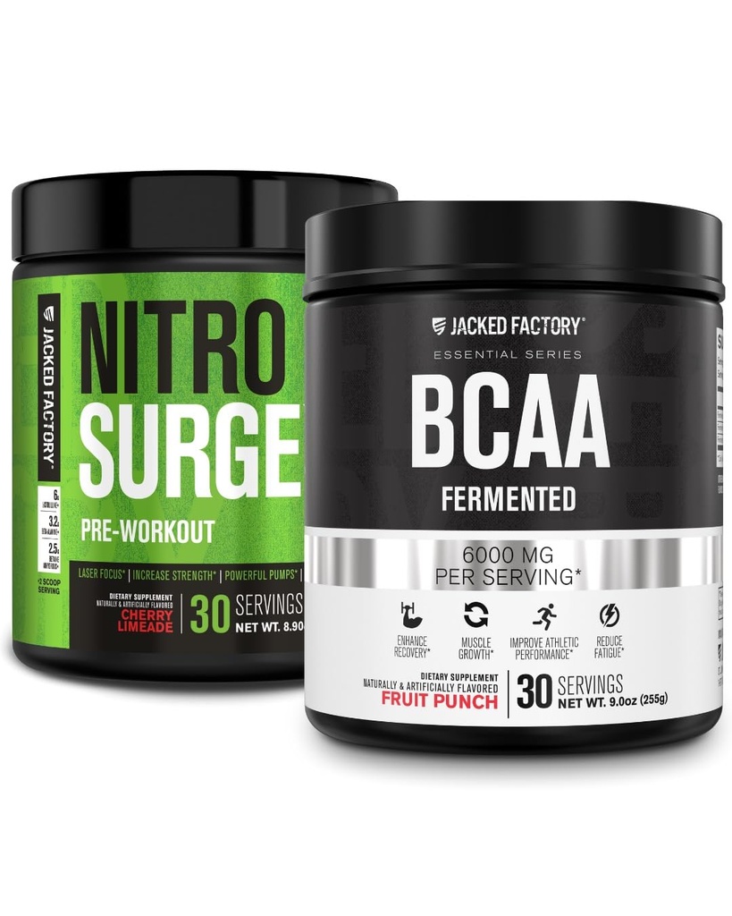 Pré-entraînement en Nitrosurge d'usine Jacked dans Cherry Limeade & BCAA dans Fruit Punch pour la construction musculaire et la récupération