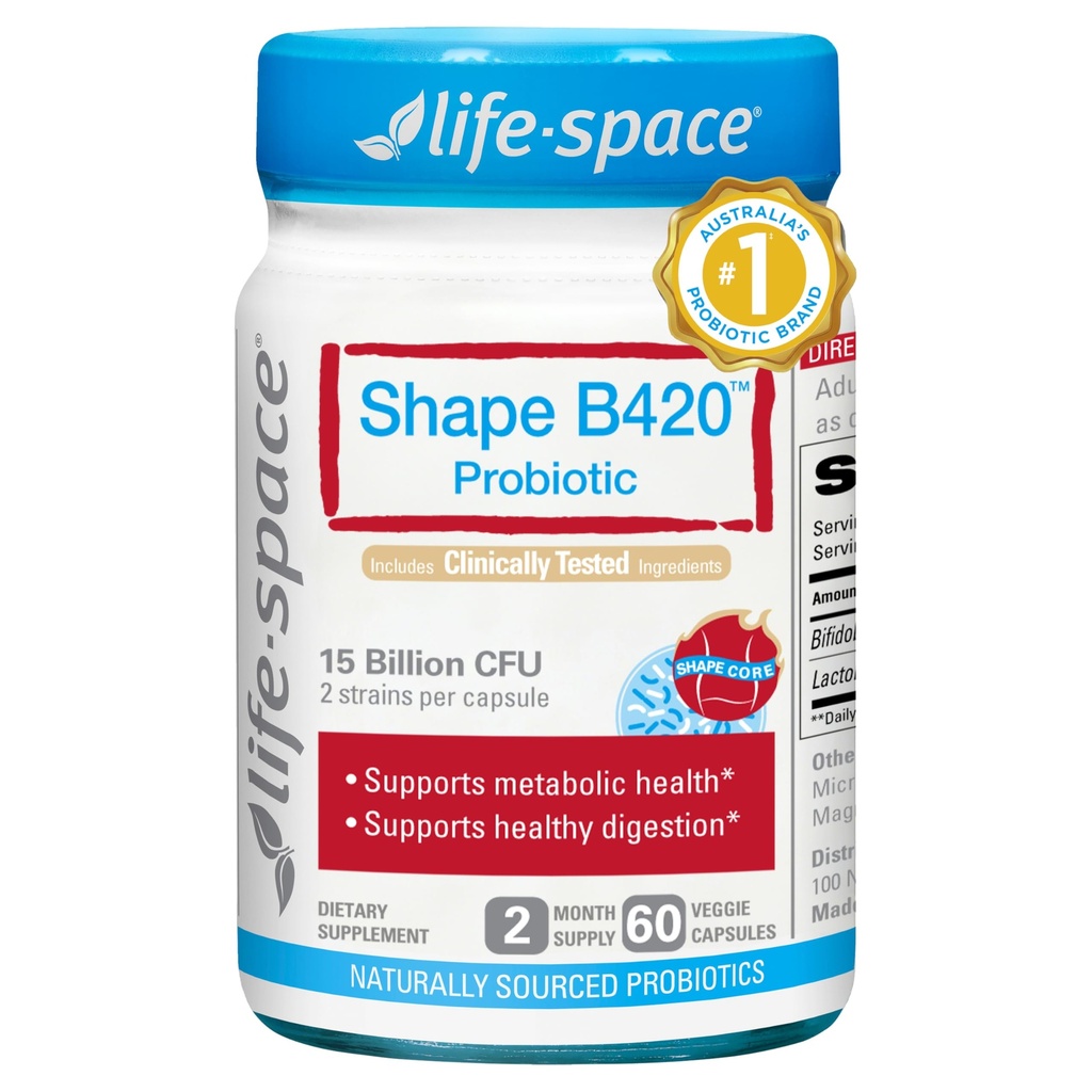 Life-Space Shape B420 Probiotics for Shape Better, GLP-1 Boost, 2 mois de service, soutien au métabolisme soutenu cliniquement, prébiotique + probiotique pour les femmes et les hommes, 60 capsules végétariennes