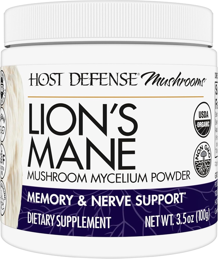 Host Defense Lion's Mane Powder - Supplément de soutien à la santé cérébrale - Supplément de champignons pour soutenir la fonction focus et mémoire - Supplément de soutien du système immunitaire et nerveux - 3,5 oz (66 portions)*