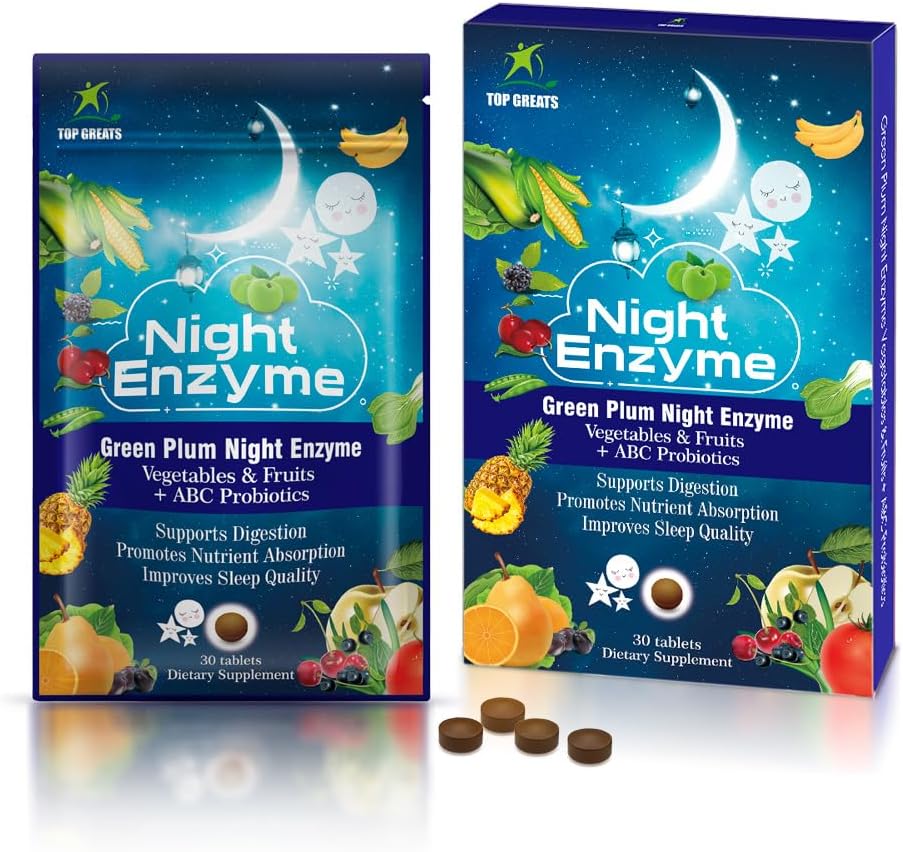 Enzyme nocturne, Enzymes digestionnaires multiples quotidiens, Fruits et légumes à prune verte avec probiotiques, Bloaging de soulagement, meilleure qualité de sommeil, pour les hommes et les femmes, promouvoir la santé digestive- 30 comprimés
