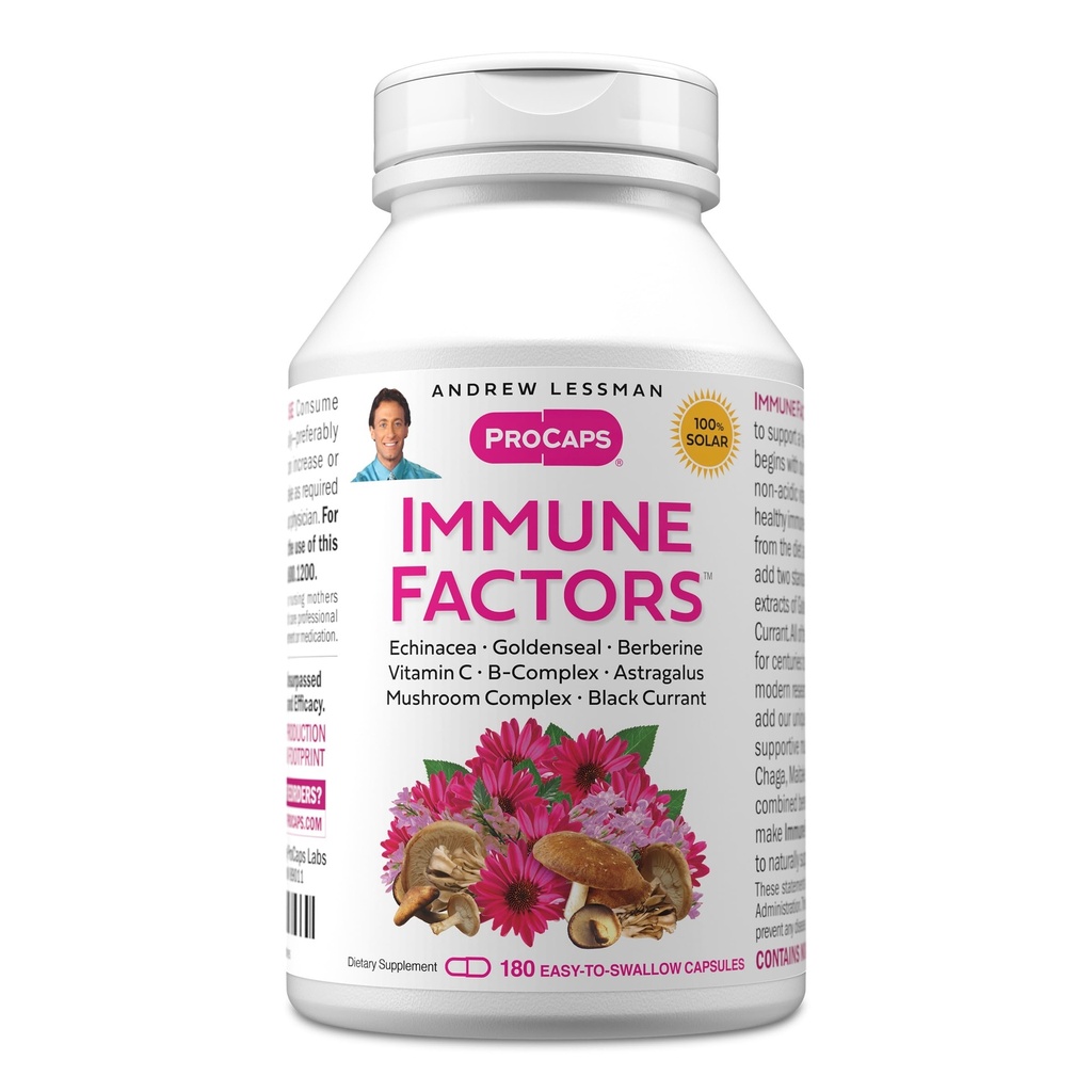 ANDREW LESSMAN Immune Factors 180 Capsules – Echinacea, Goldenseal, Vitamine C, Astragalus, Berberine, Mélange de champignons, Currant noir. Soutient et promeut le système immunitaire et les défenses naturelles