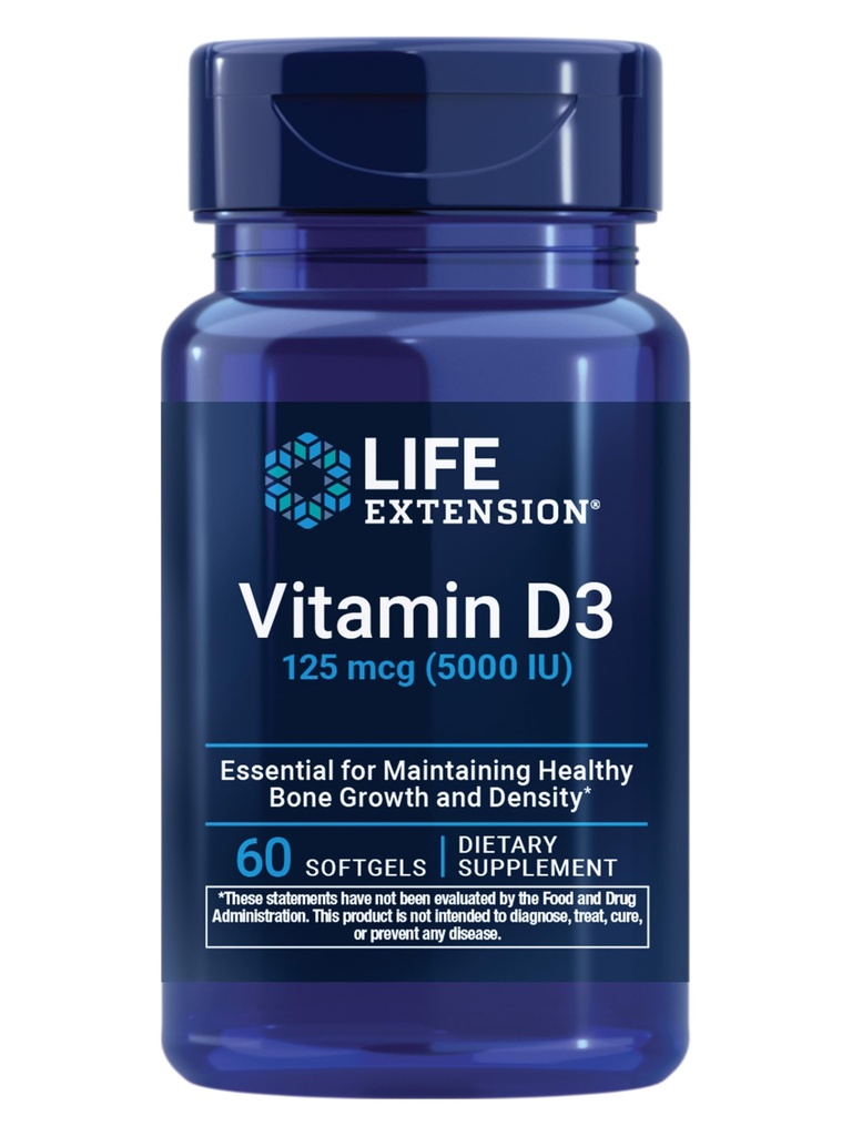 Durée de vie Vitamine D3 125 mcg (5000 UI), Santé des os, Performance cérébrale, Soutien du système immunitaire, Sans gluten, Non OGM, Une fois par jour, Approvisionnement en deux mois, 60 softgels