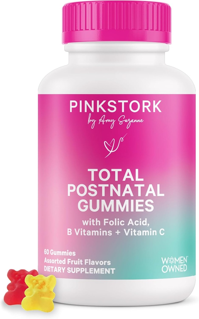 Pink Stork Total des vitamines après la naissance - Multivitamines pour le rétablissement postpartum et le soutien de la lactation - Acide folique, B6 et vitamine C - Essentiels postpartum - 60 vitamines gommy