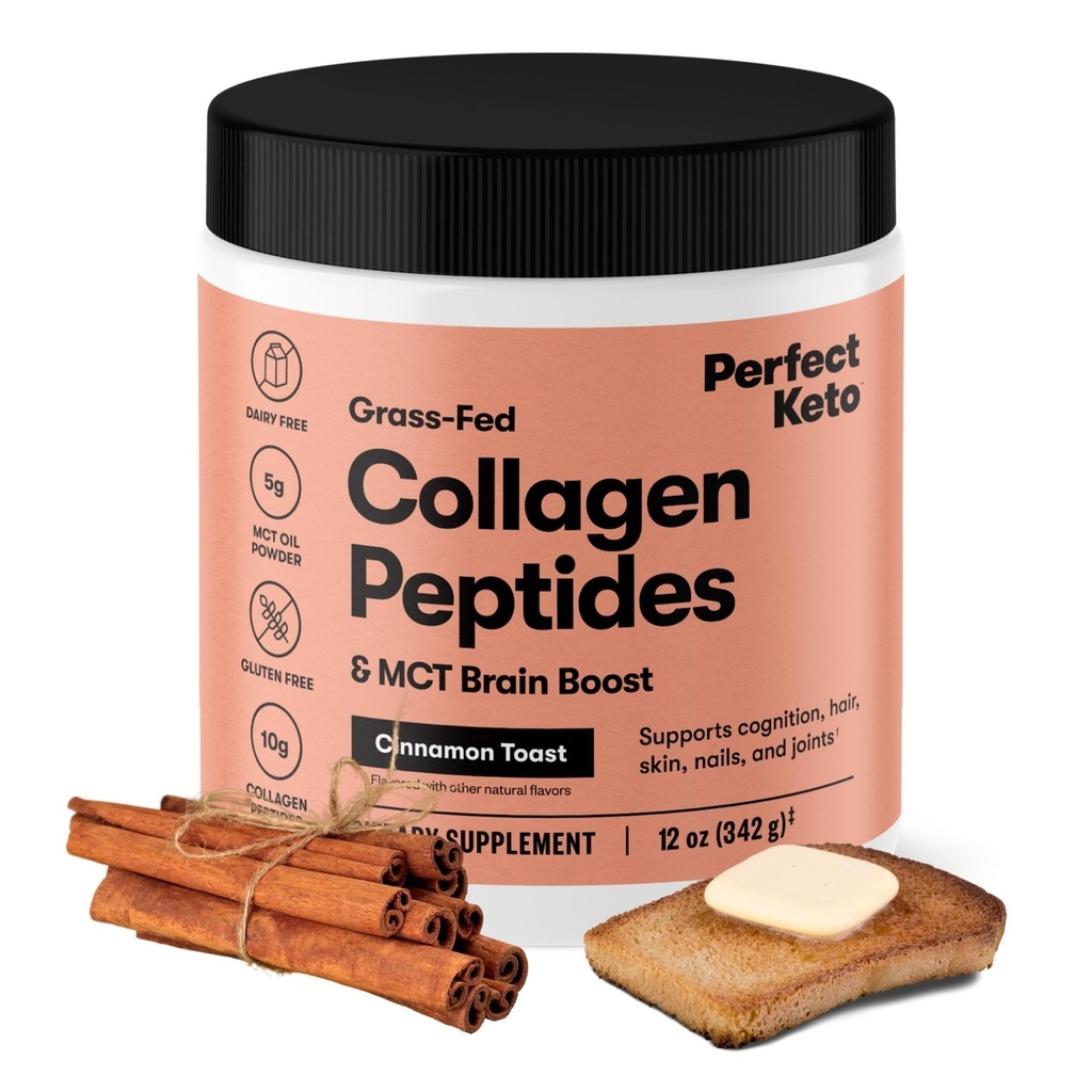 Perfect Keto Collagen Peptides poudre de protéines avec huile MCT, collagène hydrolysé, supplément de type I & III, gazon sans gluten, faible teneur en glucides, crème de café Keto, collagène pour les femmes et les hommes, pain de cannelle