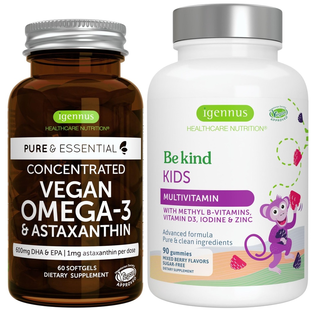 Huile d'algues Vegan Omega-3 + Avancé pour enfants Multivitamine Gummy Bundle, haute concentration DHA & EPA + Vitamine A, B, C, D3 & E, ingrédients propres 60 Softgels + 90 Gummées Berry Flavor, par Igennus
