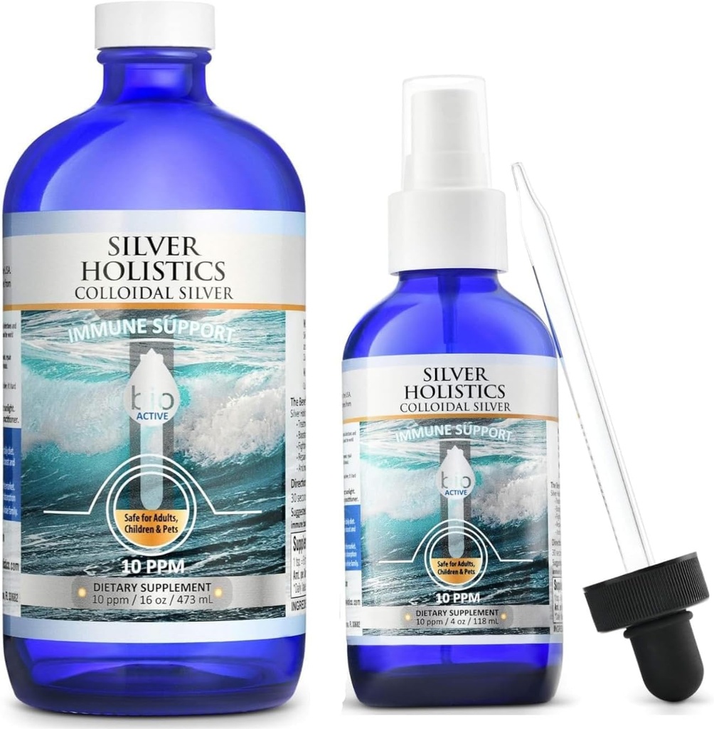 Silver HOLISTICS Colloidal Silver Liquid Bundle – Comprend Colloidal Silver Spray (4 OZ) et solution de renouvellement (16 OZ) avec goutteur gratuite - Supplément de soutien immunitaire pour les enfants, les adultes et les animaux de compagnie