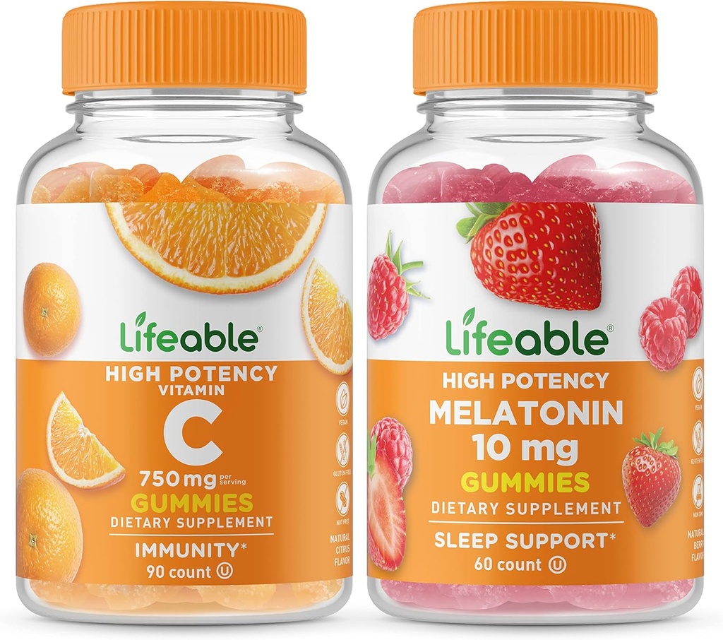 Vitamine vivante C 750mg + Melatonine 10mg, Gummies Bundle - Grande dégustation, supplément de vitamine, sans gluten, sans OGM, gummy à croquer