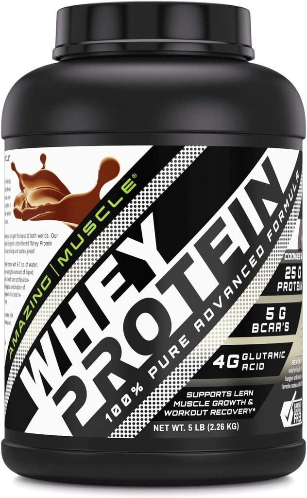 Amazing Muscle 100% Whey Protéine Poudre *Formule avancée avec Isolation de protéines de lactosérum avec concentré de protéines de lactosérum ultra filtré (Cookie & Cream, 5 Lb)