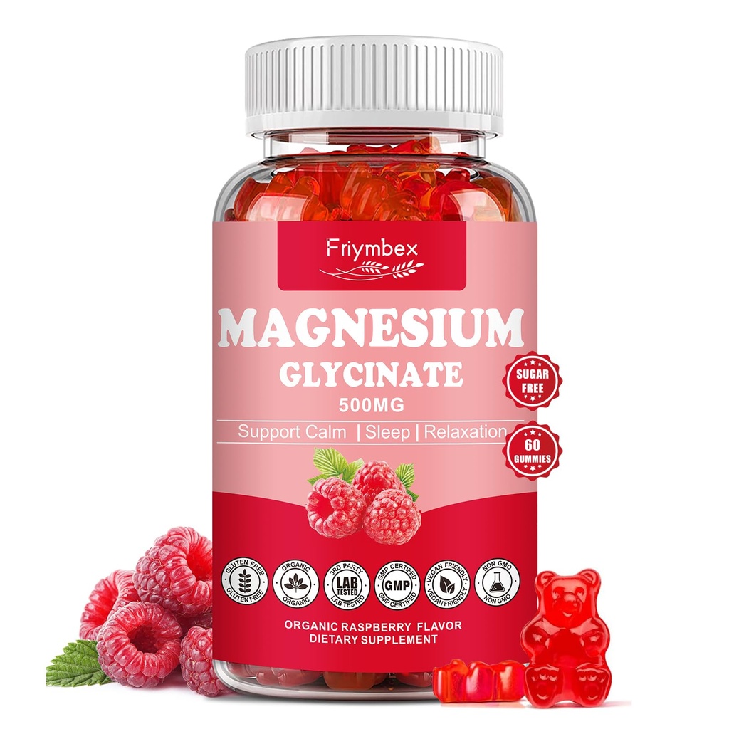 Magnésium Glycinate Gommies 500mg=Détendez-vous Calme Magnésium Gommies=Sans sucre=Non-OGM=Sans gluten=Ami végétalien pour adultes et enfants (60 Gommies de framboises)