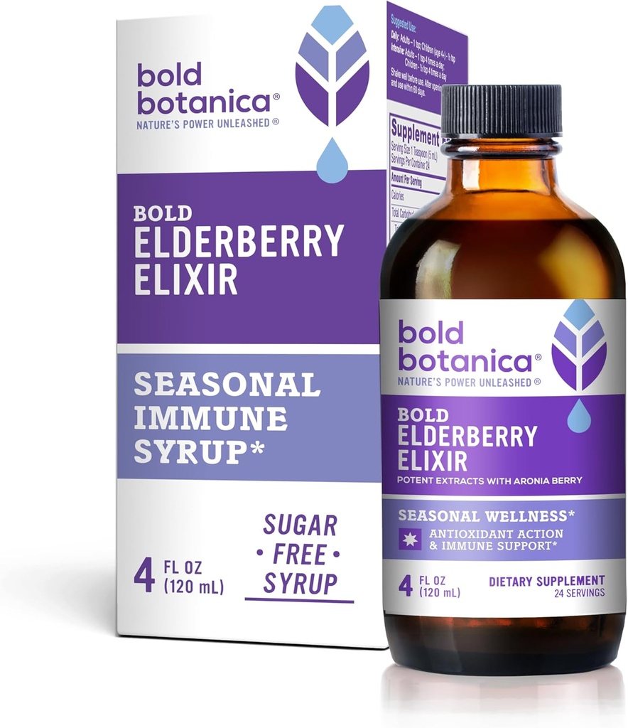 Elixir Bold Botanica Elderberry – 65x Extrait concentré - Sans sucre - Amiable des enfants - Sirop de mûrier noir avec baies d'Aronia pour le support immunitaire - 4 Fl. Oz.