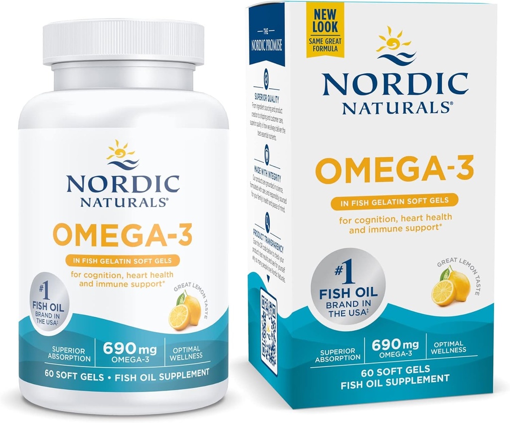 Nordic Naturals Oméga-3 dans la gélatine de poisson, Saveur de citron - 60 gels de poisson - 690 mg Oméga-3 - Huile de poisson - EPA & DHA - Soutien immunitaire, santé cérébrale et cardiaque, bien-être optimal - Non-OGM - 30 portions