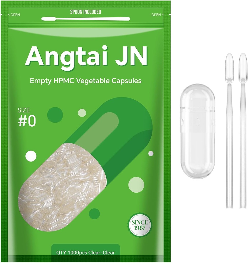Taille 0 Capsules Vide végétalien à base de plante clair (1 000 Nombre) Sans gluten, sans OGM, bouchons de pilules certifiés Halal avec 2 cuillères pour le bricolage végétarien vos propres suppléments