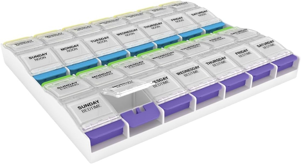 Doses particulièrement fortes hebdomadaires (7 jours) Cas de pilules, planificateur de médicaments, boîte d'organisateur de vitamines, compartiments 3X-Large bouton poussoir, 4 fois par jour, lys clairs, sans BPA