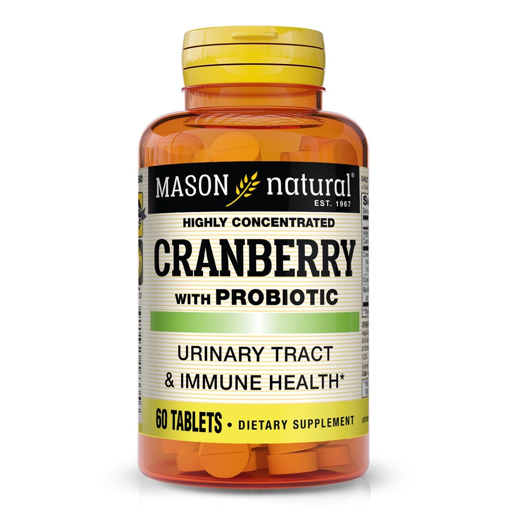 MASON NATURAL Cranberry avec probiotique, 2 mois d'approvisionnement, hautement concentré, soutient la santé immunitaire normale et le système urinaire, 60 comprimés