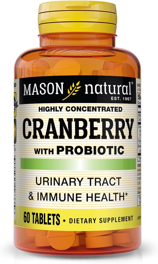 MASON NATURAL Cranberry avec probiotique, 2 mois d'approvisionnement, hautement concentré, soutient la santé immunitaire normale et le système urinaire, 60 comprimés