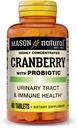 MASON NATURAL Cranberry avec probiotique, 2 mois d'approvisionnement, hautement concentré, soutient la santé immunitaire normale et le système urinaire, 60 comprimés