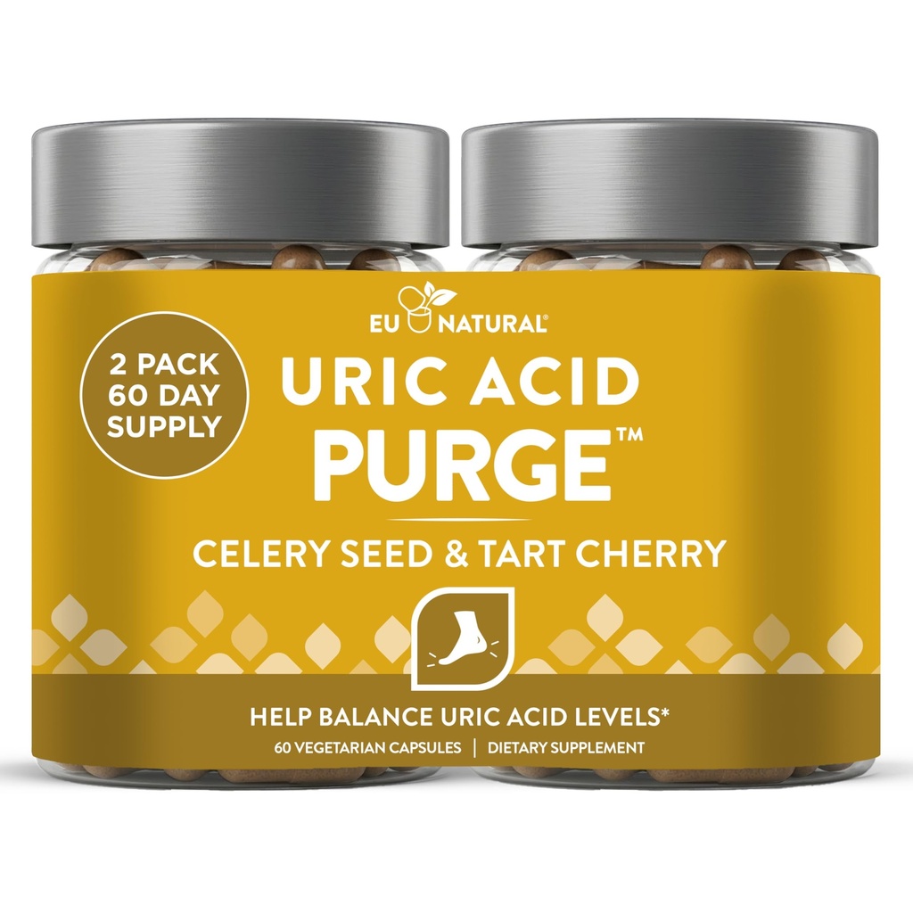 Purge ! Flush d'acide urique – Manger et boire ce que vous voulez – Détox et nettoyer avec extrait de graines de céleri, Tart Cherry & Chanca Piedra pour un soutien articulaire efficace et mobilité active – 120 capsules vegan douces