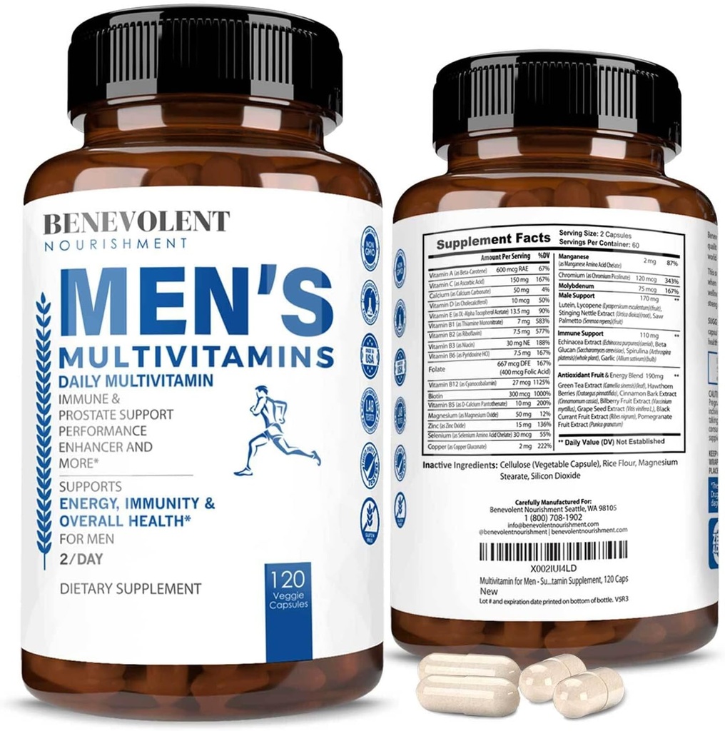 Multivitamine de Nourriture Benevolent pour les hommes - soutient l'énergie et la santé globale - Vitamines quotidiennes essentielles pour les hommes, la biotine, le magnésium, le zinc et l'antioxydant pour la santé immunitaire - Non-OGM,120 capsules