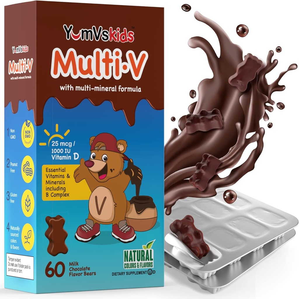 YUM-V'S - Ours au chocolat à croquer multivitamine pour enfants - Supplément multivitamine pour enfants - 16 vitamines et minéraux - Vitamines incluant le complexe D, Zinc, C, B et plus, 60 Count Pack de 1