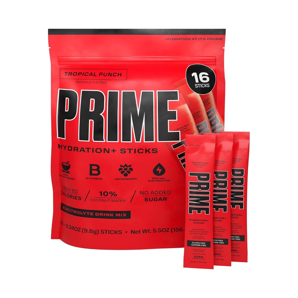 PRIME HYDRATION+ Sticks Tropical Punch (en anglais seulement) Poudre d'hydratation Bâtons à usage unique (en anglais seulement) Poudre d'électrolyte sur le go (en anglais seulement) 250mg BCAAs, B Vitamines, antioxydants (en anglais seulement) Faible sucre (en anglais seulement) Sans caféine (en anglais seulement)