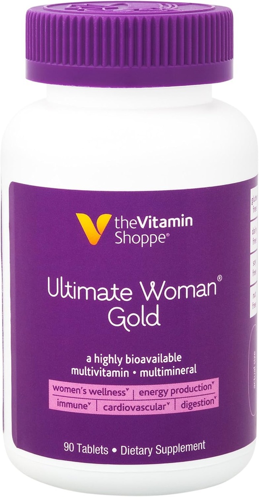 The Vitamin Shoppe Ultimate Woman Gold Multivitamin - with Iron, B Vitamins & Vitamin D3 and More to Support Energy Production, Bone & Immune Health - Gluten Free Multi-Mineral (90 Tablets)