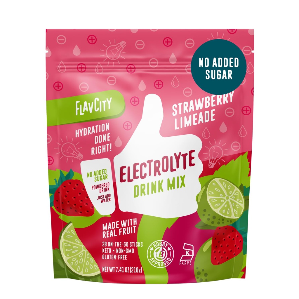 FlavCity Strawberry Limeade Electrolytes Powder Packets - 28 Packets d'hydratation - Pas d'ajout de sucre - Poudre d'hydratation avec des fruits réels et du sel de mer non raffiné - Kéto et sans gluten (28 Stick Packs)
