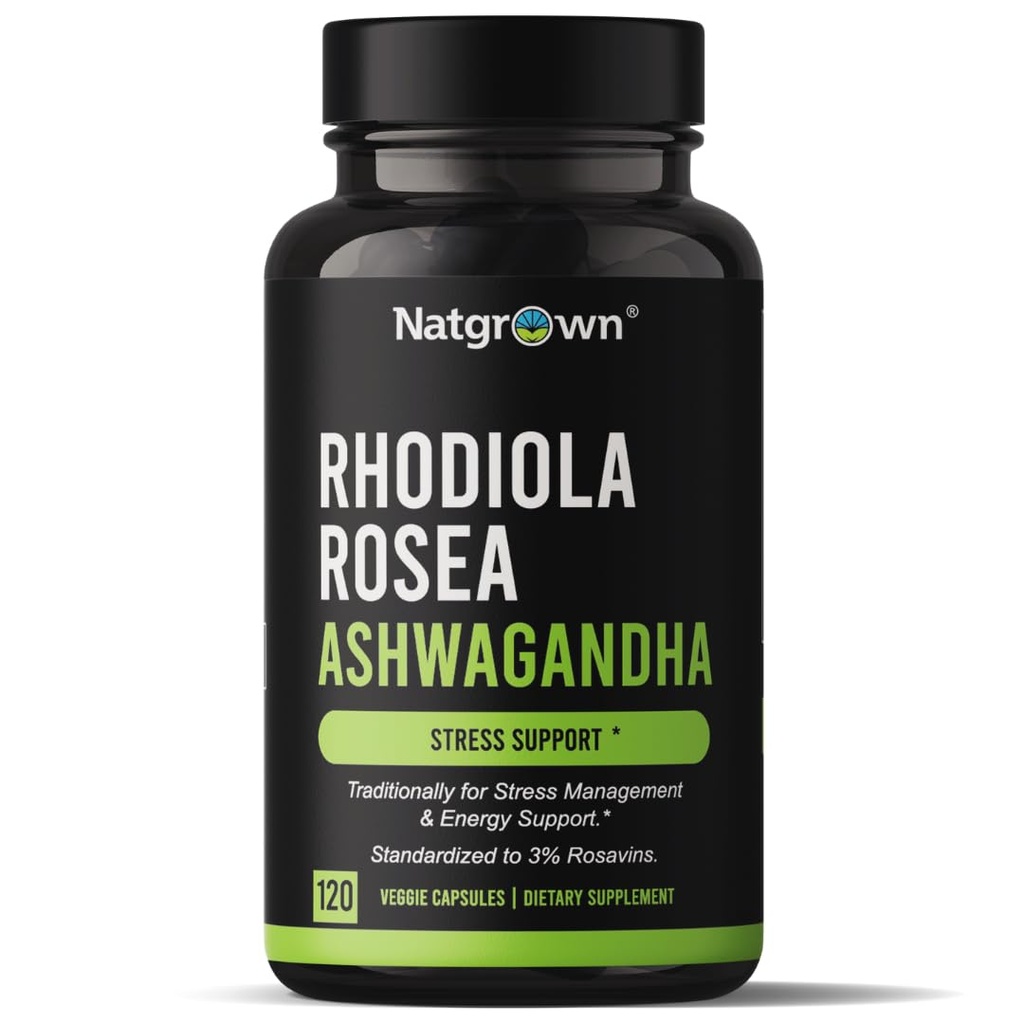 Rhodiola Rosea avec des capsules d'extrait de racine d'Ashwagandha - Standardisé à 3 % de Rosavins et 1 % de Salidroside - 120 Nombre