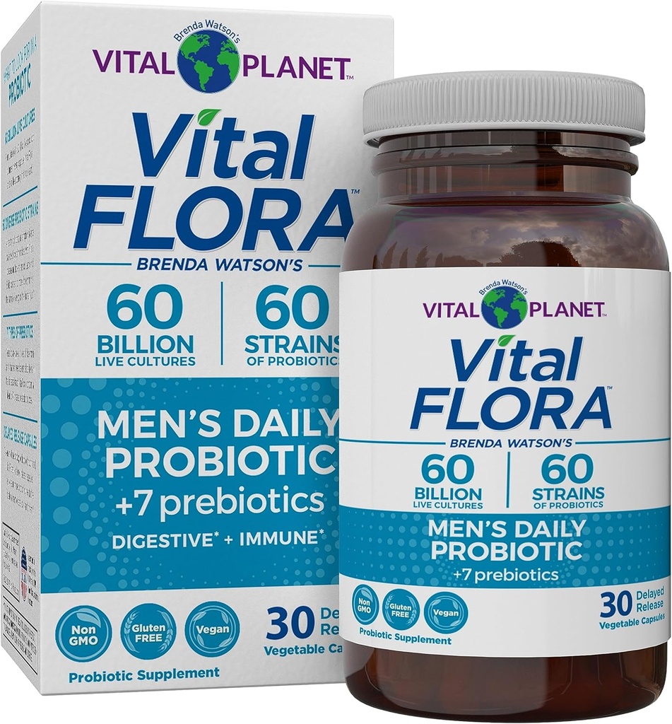 Planète Vitale - Vital Flora Men.Probiotiques quotidiens, 60 milliards CFU, 60 souches diverses, 7 prébiotiques organiques, soutien immunitaire, dégazage, colon et probiotiques de santé digestive pour les hommes 30 capsules