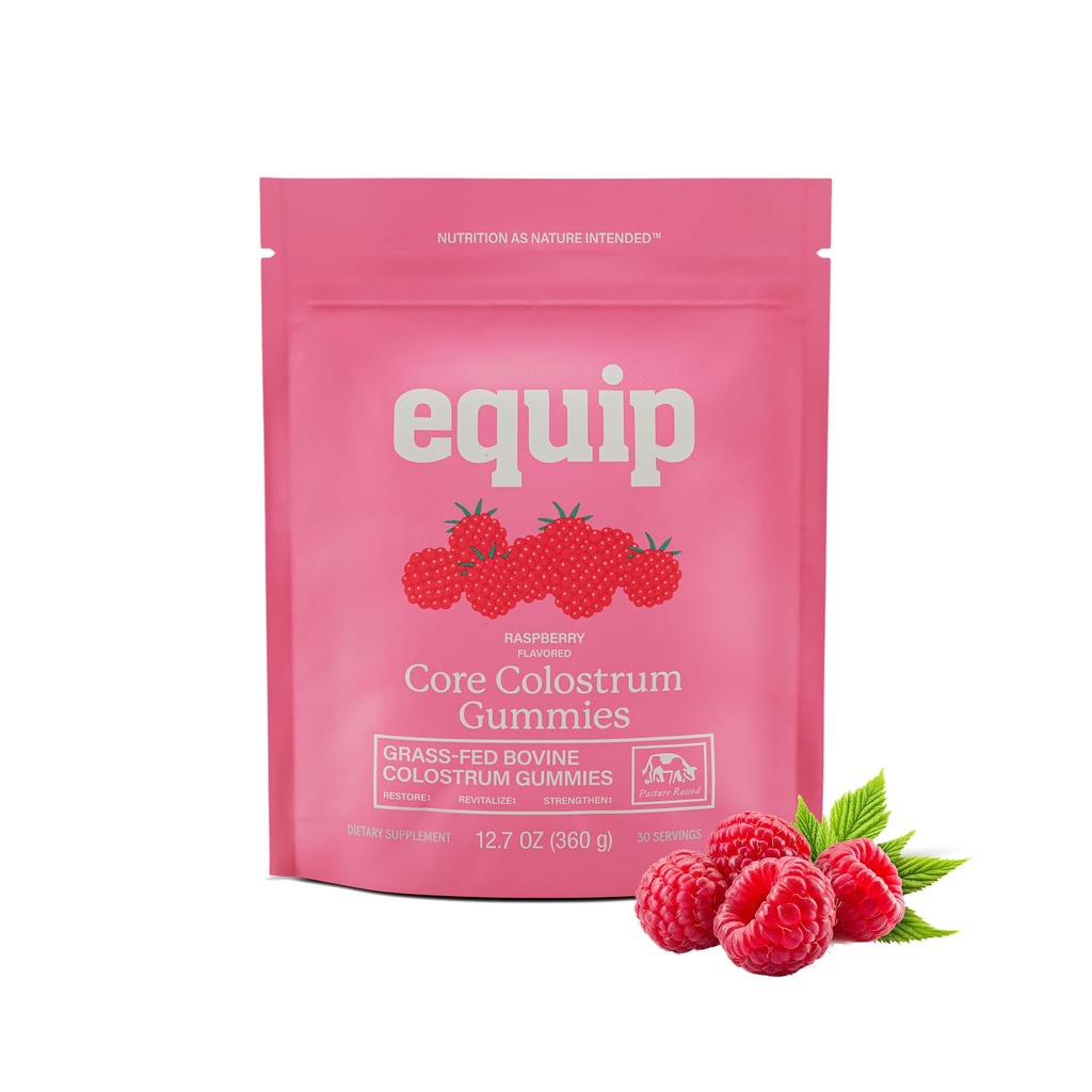 Les aliments d'équipement Core Bovine Colostrum Gommies - Delicious 1g Par Seving Grass Supplément de Colostrum Fed - Gut santé, immunité, récupération, cheveux et peau - 60 Bovine Colostrum Gommies, 30 portions, framboise