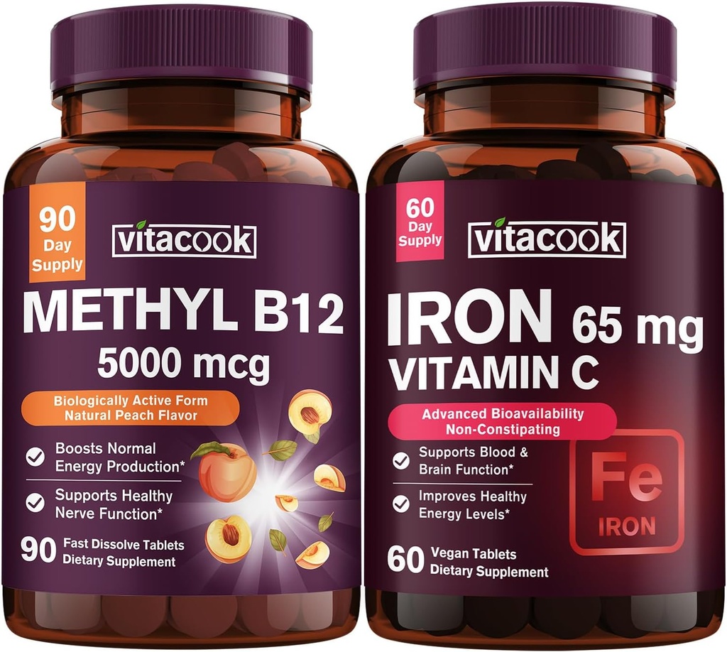 Fer et vitamine B12 Bundle, 5000 mcg B12, Zéro sucre, carbonyle fer avec vitamine C, doux sur l'estomac
