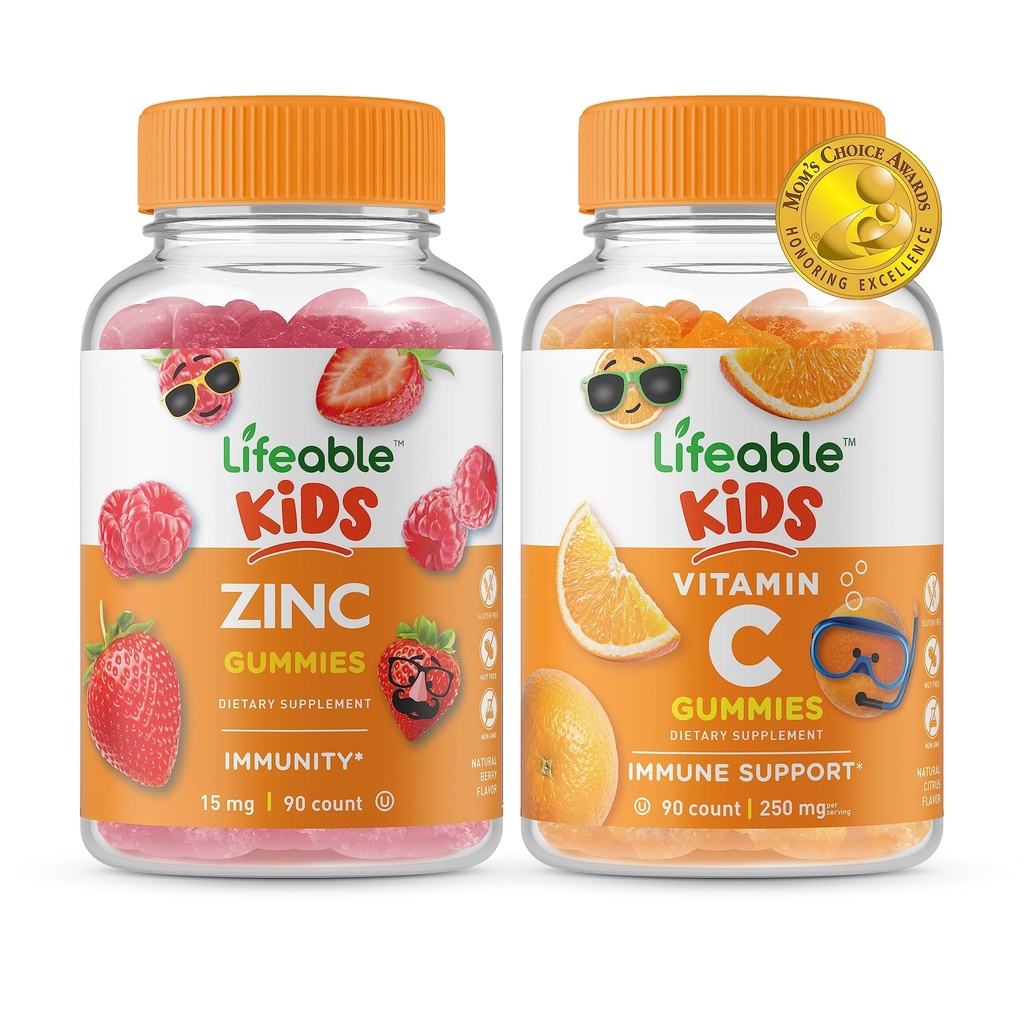 Zinc Lifeable Kids + Vitamine C Kids, Gommies Bundle - Grande dégustation, supplément de vitamine, sans gluten, sans OGM, gommy à croquer