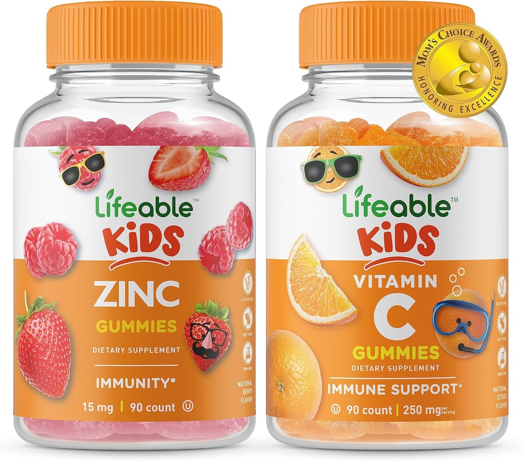 Zinc Lifeable Kids + Vitamine C Kids, Gommies Bundle - Grande dégustation, supplément de vitamine, sans gluten, sans OGM, gommy à croquer