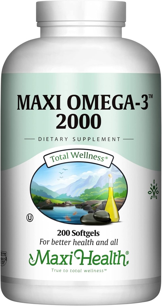 Supplément Omega 3 - Omega-3 Huile de poisson 2000mg - Source naturelle de l'EPA et DHA - Santé du coeur, du cerveau et des articulations - Poissons marins capturés sauvagement - 200 softgels végétariens par Maxi Health