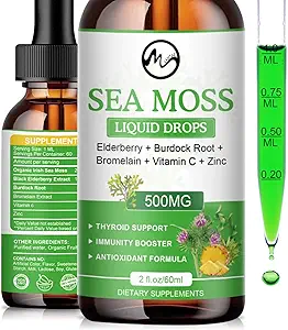 Drops liquides de la mousse de mer - Irish Sea Moss 2000mg avec la mûre, la racine de lard, le bromelain, la vitamine C et le zinc - 98 Minéraux essentiels Seamoss Supplément pour l'immunité, joint, digestion, soutien du vieillissement - 2oz