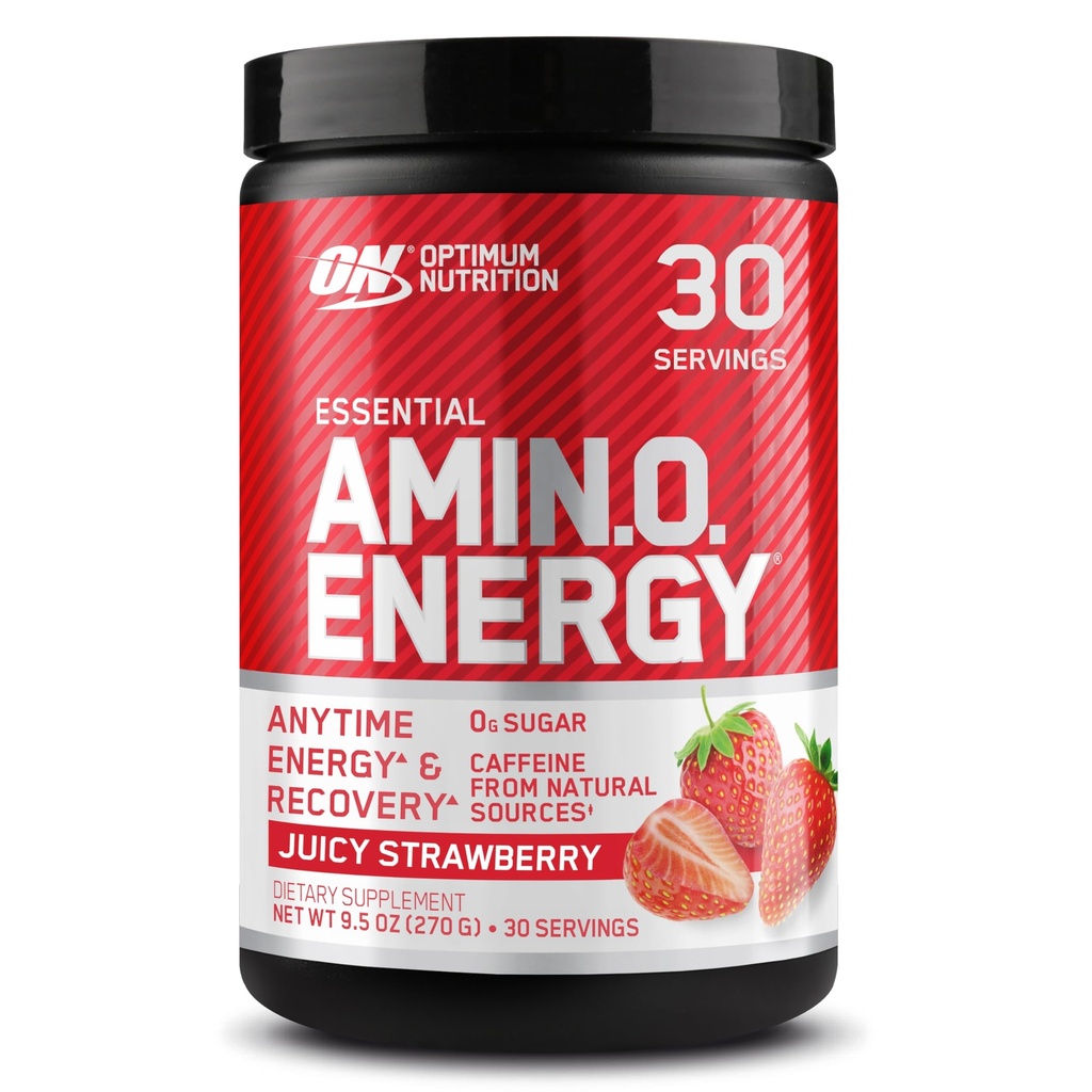 Optimum Nutrition Amino Energy - Pré-entraînement avec thé vert, BCAA, acides aminés, Keto Friendly, extrait de café vert, poudre d'énergie - fraise juteuse Burst, 30 portions (emballage mai Vary)