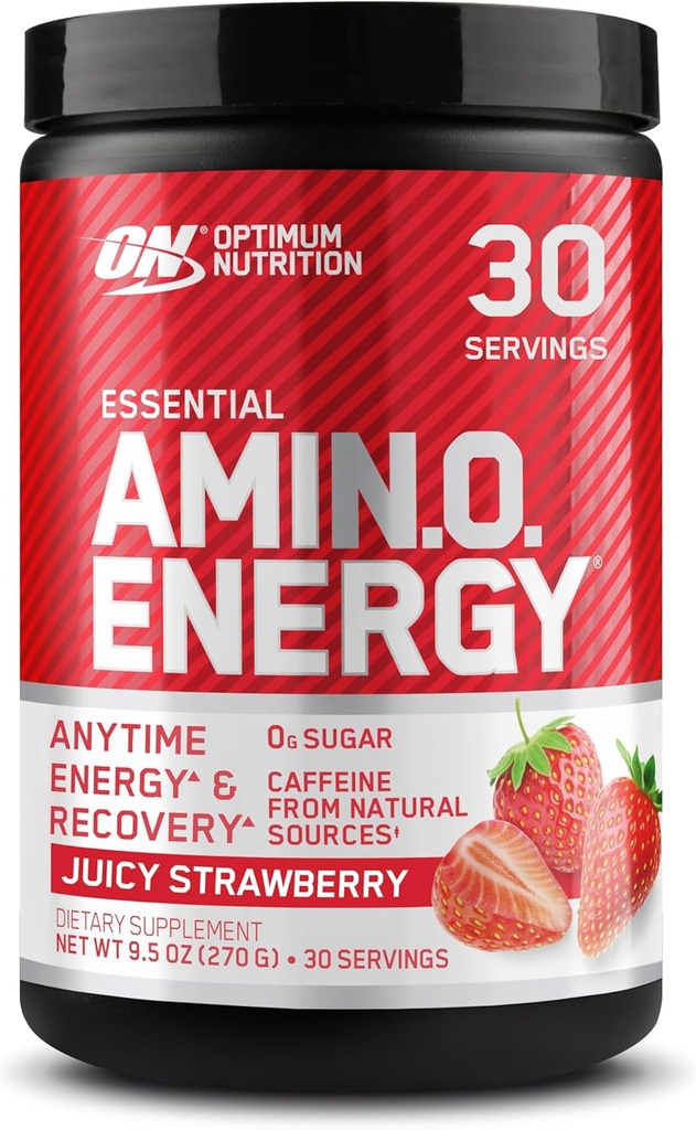 Optimum Nutrition Amino Energy - Pré-entraînement avec thé vert, BCAA, acides aminés, Keto Friendly, extrait de café vert, poudre d'énergie - fraise juteuse Burst, 30 portions (emballage mai Vary)