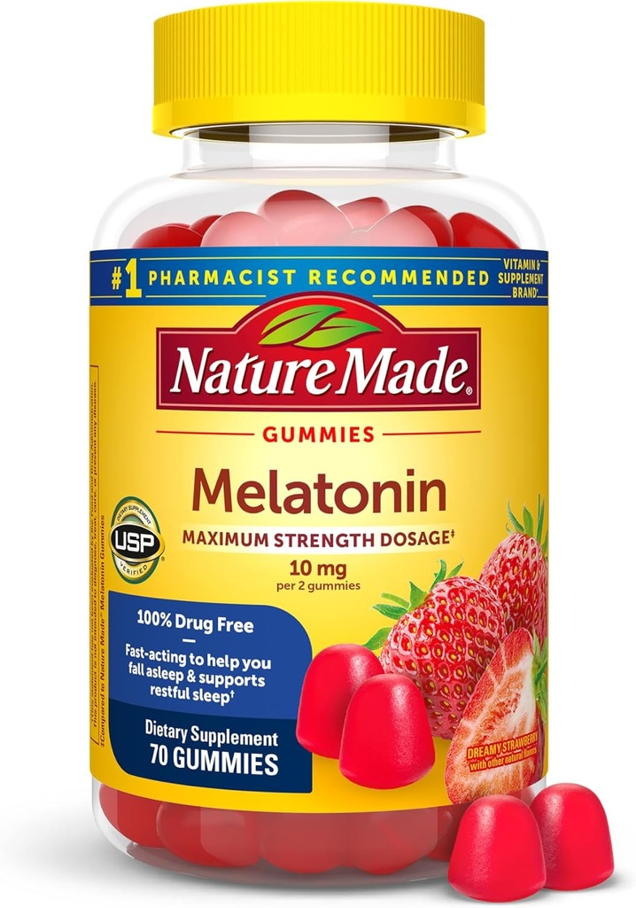 Nature Mélatonine 10mg par portion Gummies pour adultes, dosage de la force maximale Aide au sommeil, 100 % sans médicament, 70 Mélatonine de compte Gummies, 35 jours d'approvisionnement