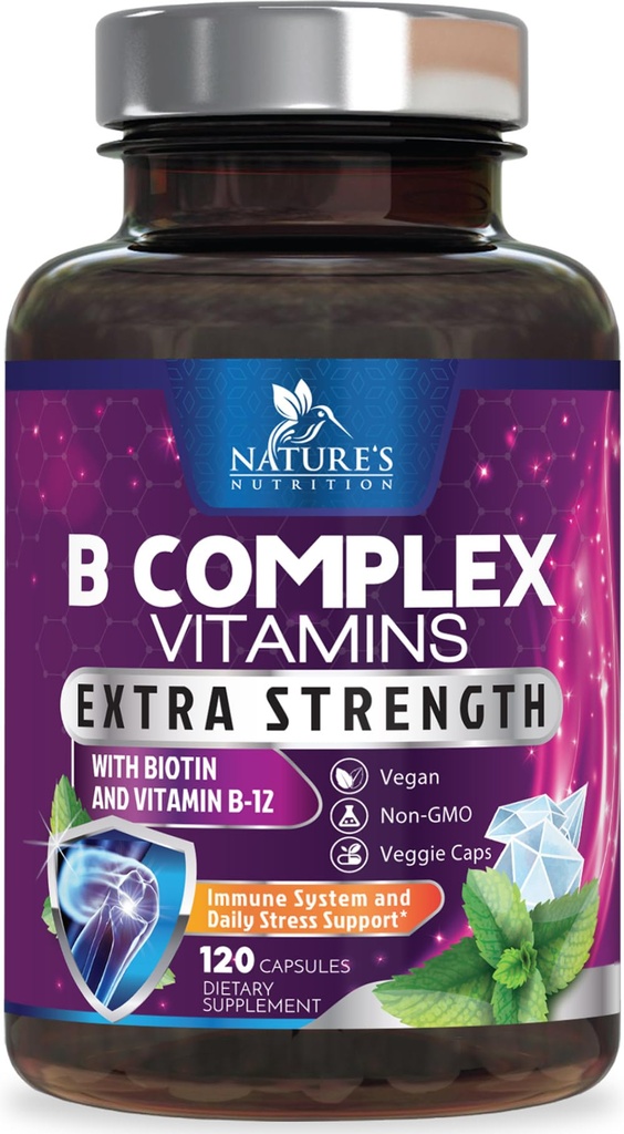 B Vitamines complexes Capsules - Complexe Super Complet B-100 avec vitamine B12 B6 C Biotine Folate et acide folique pour immunologie et soutien énergétique - Supplément pour soutien cardiaque, cérébral et nerveux - 120 capsules