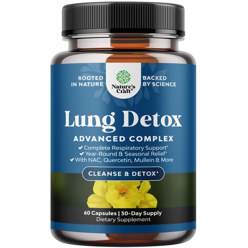 Lung Detox Mullein Leaf Capsules - Complexe de purification de Mullein Lung avec NAC Quercetin & Cordyceps Extraits - Supplément respiratoire à base de plantes foliaires pour Sinus Immunity & Breathing Support 60ct